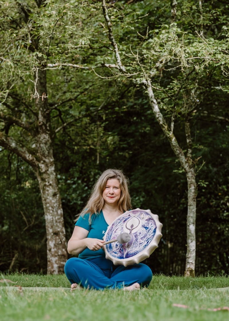 Joanne Sumner with shamanic drum in nature